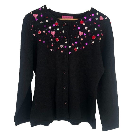 Vtg Bobbie Bell Dangling Heart Sequin Valentines Cardigan Sweater Black Medium - Picture 1 of 12